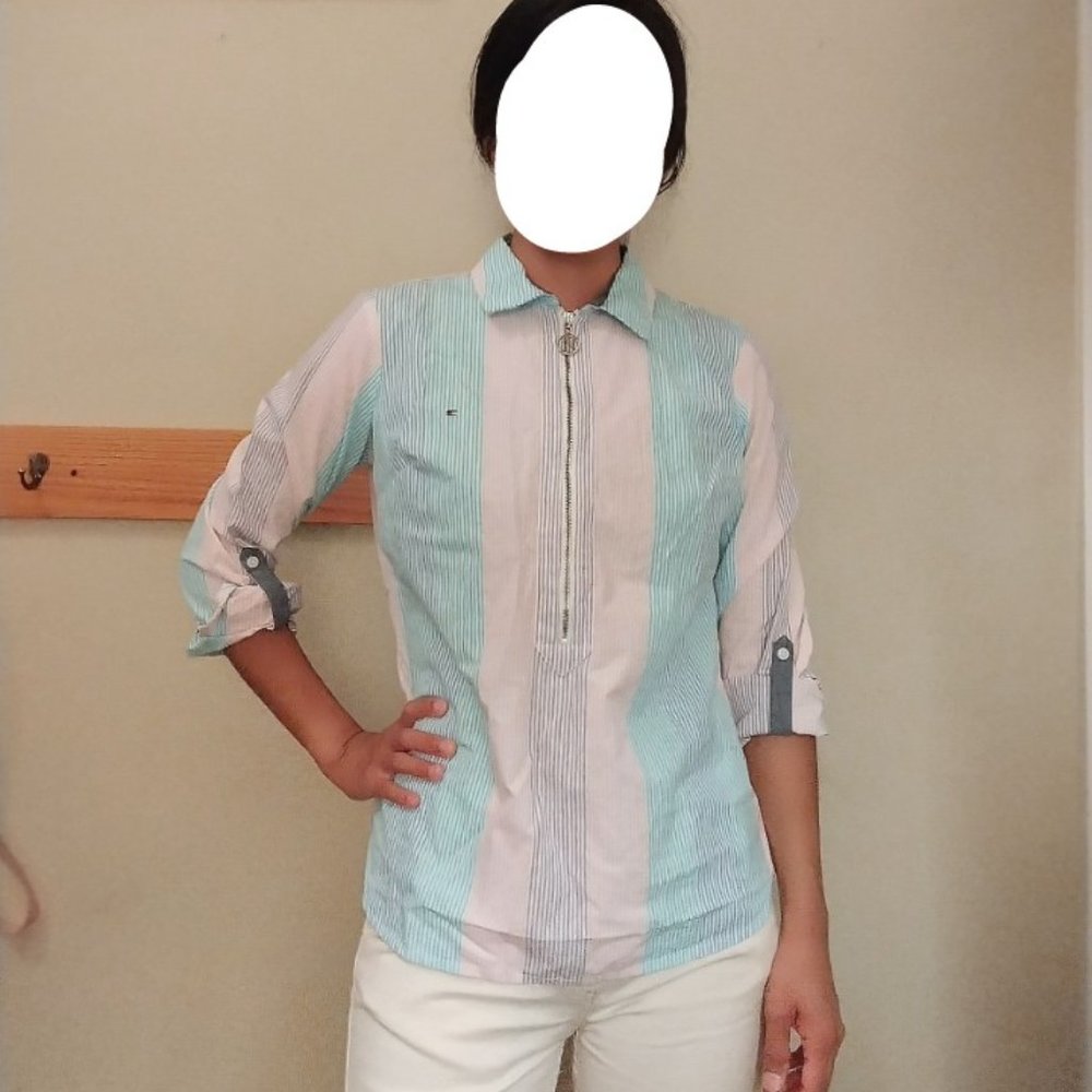 Tommy Hilfigher 3/4-zip striped long-sleeve blouse with collar